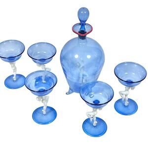 Vintage Bimini Blue Glass Liqueur Decanter Set by Fritz Lampl Blown Art 1920s